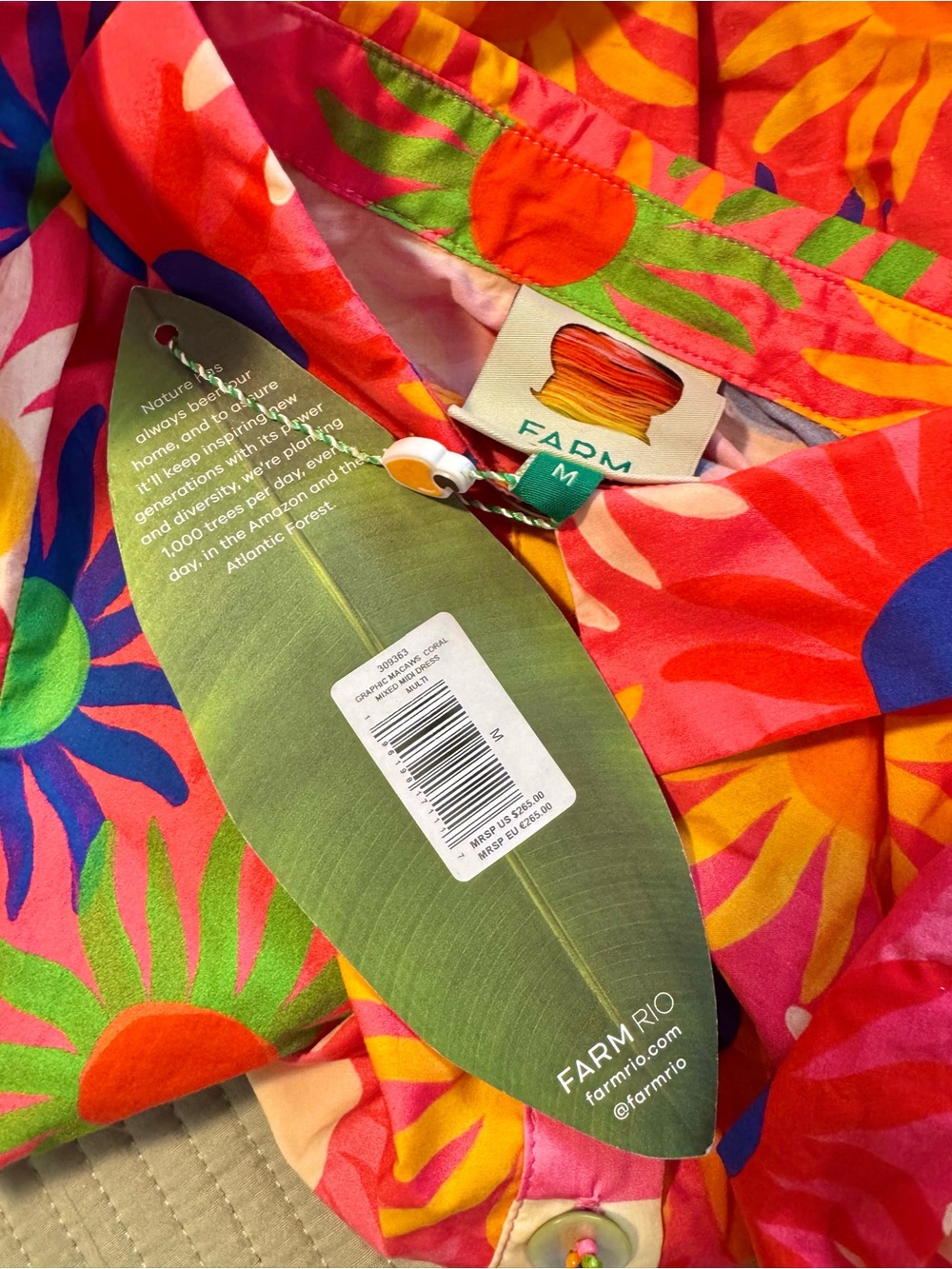 Farm Rio Coral Mixed Graphic Macaws Midi Dress Size M NWT - Picture 4 of 6